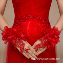 Red fingerless lace beading appliques high quality bridal wedding lace gloves